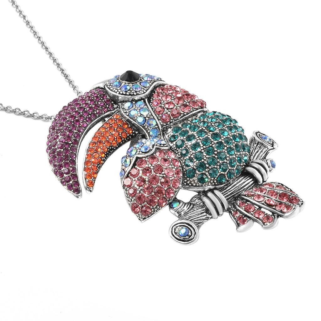 Mehrfarbige Kristall Papagei-Brosche, Anhänger mit Kette, ca. 60 cm, silberfarben ca. 4,00 ct