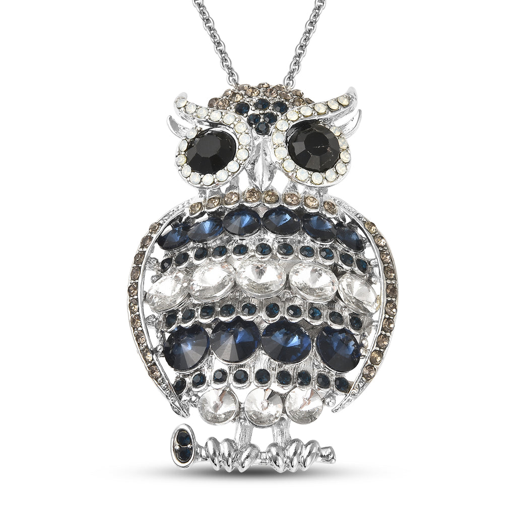 Mehrfarbige Kristall und Glas Eulen-Brosche, Anhänger mit Kette, 60 cm, silberfarben ca. 4,00 ct