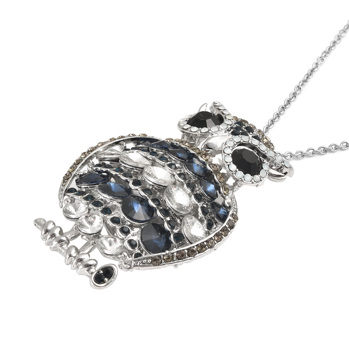 Mehrfarbige Kristall und Glas Eulen-Brosche, Anhänger mit Kette, 60 cm, silberfarben ca. 4,00 ct