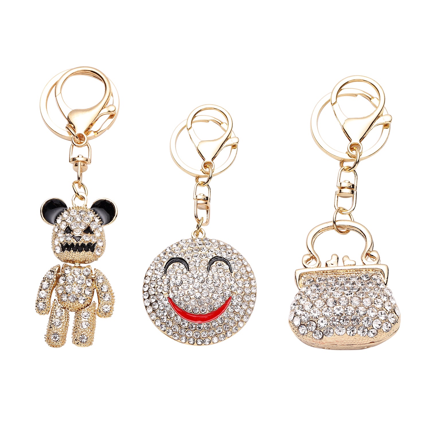 3er Set - Weiße Kristall-Schlüsselanhänger, Smiley, Bär, Tasche