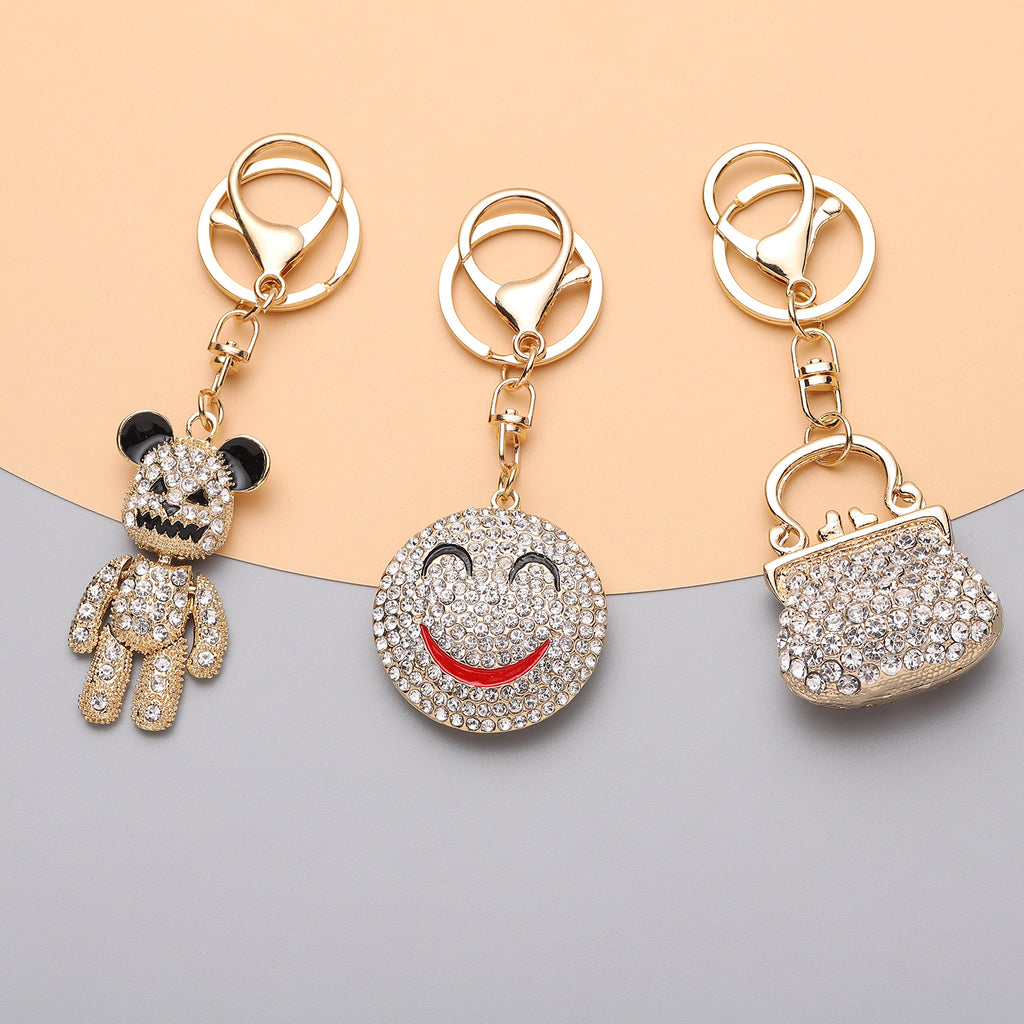 3er Set - Weiße Kristall-Schlüsselanhänger, Smiley, Bär, Tasche