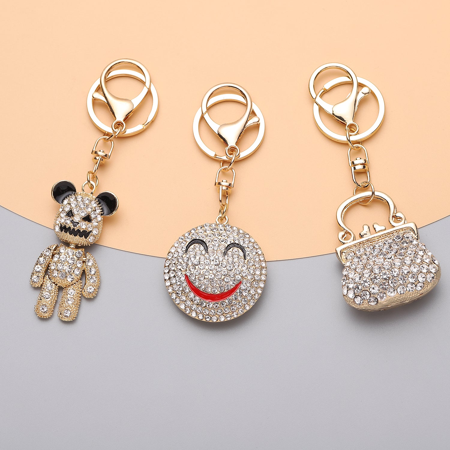 3er Set - Weiße Kristall-Schlüsselanhänger, Smiley, Bär, Tasche