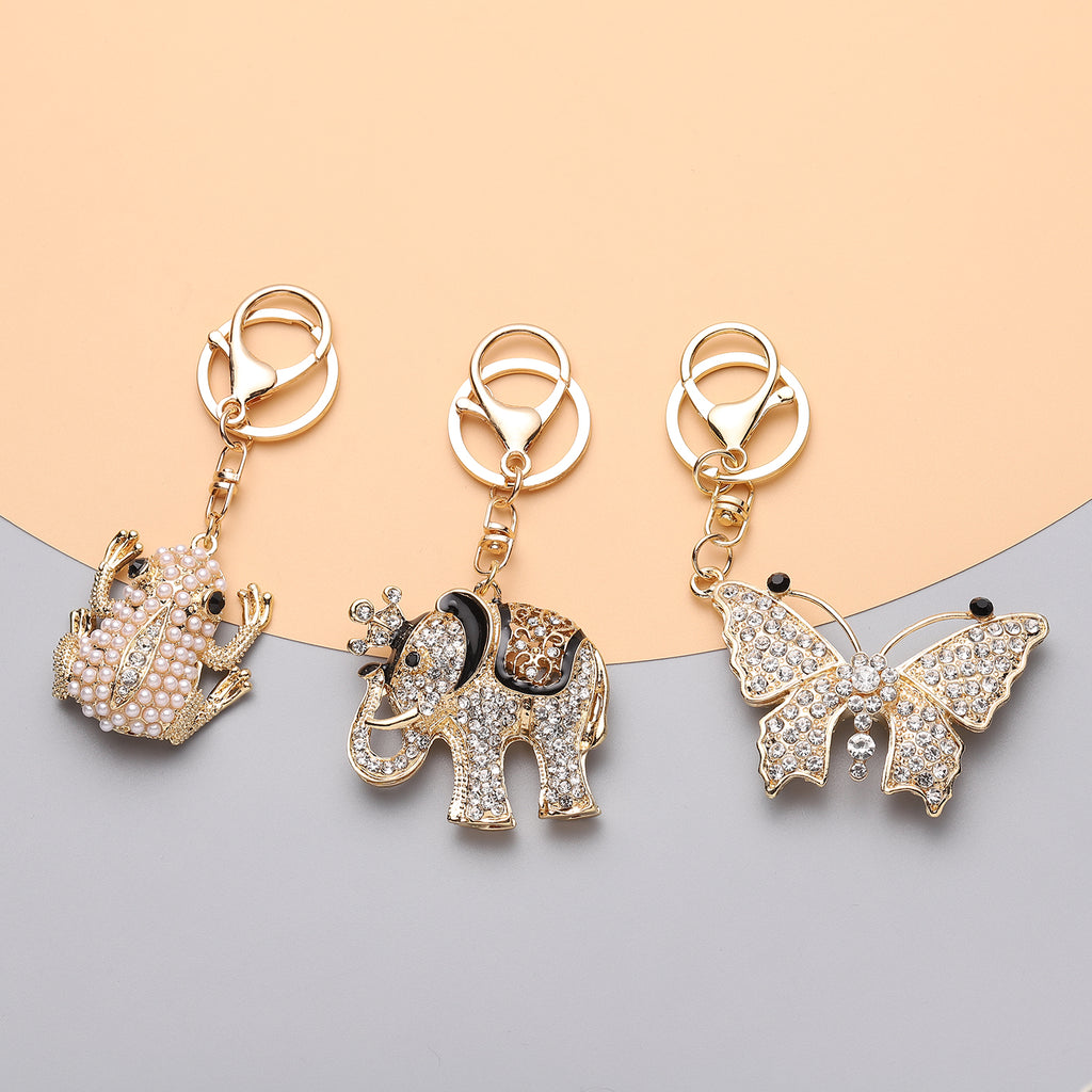 3er Set - Schwarze Kristall-Schlüsselanhänger, Elefant, Schmetterling, Frosch