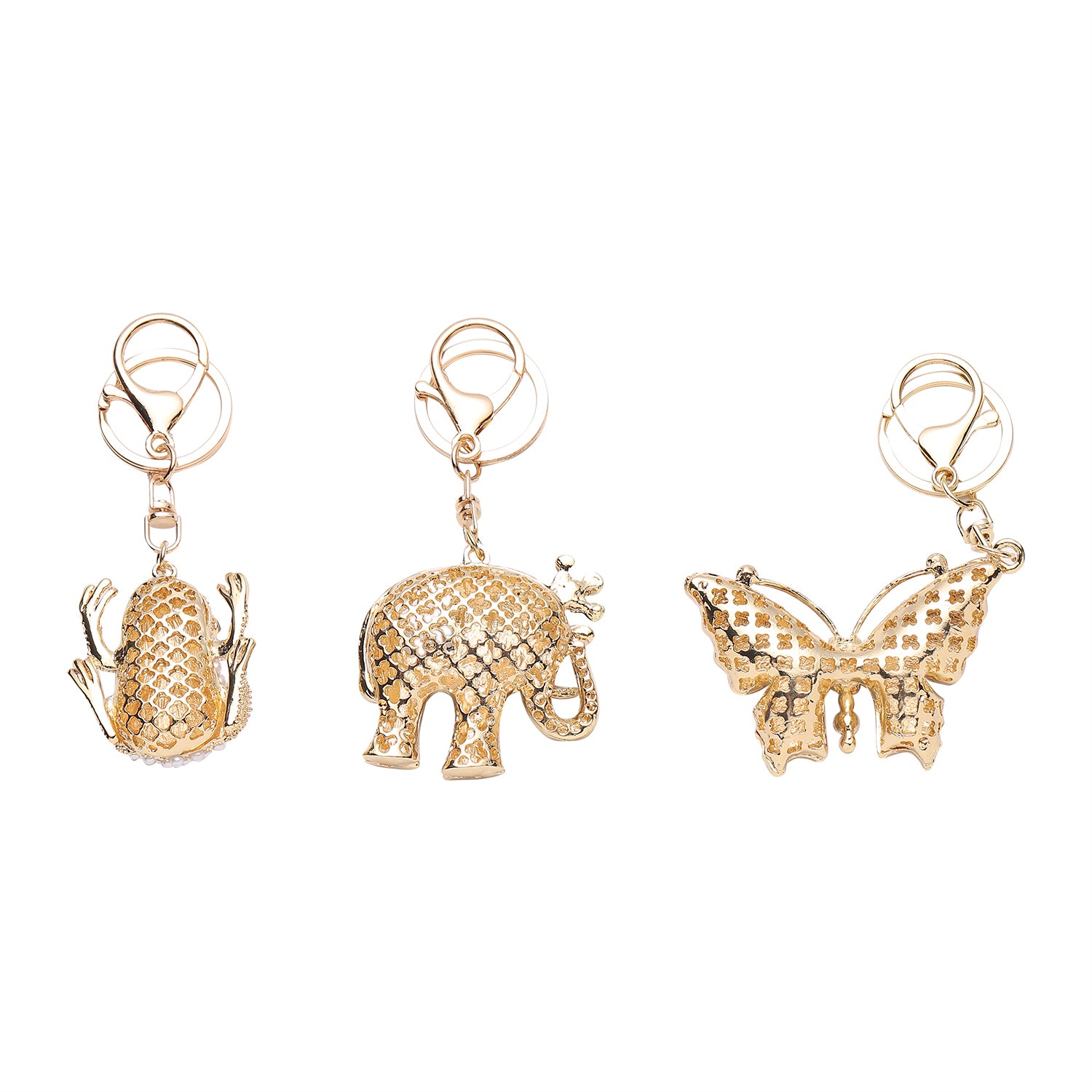 3er Set - Schwarze Kristall-Schlüsselanhänger, Elefant, Schmetterling, Frosch