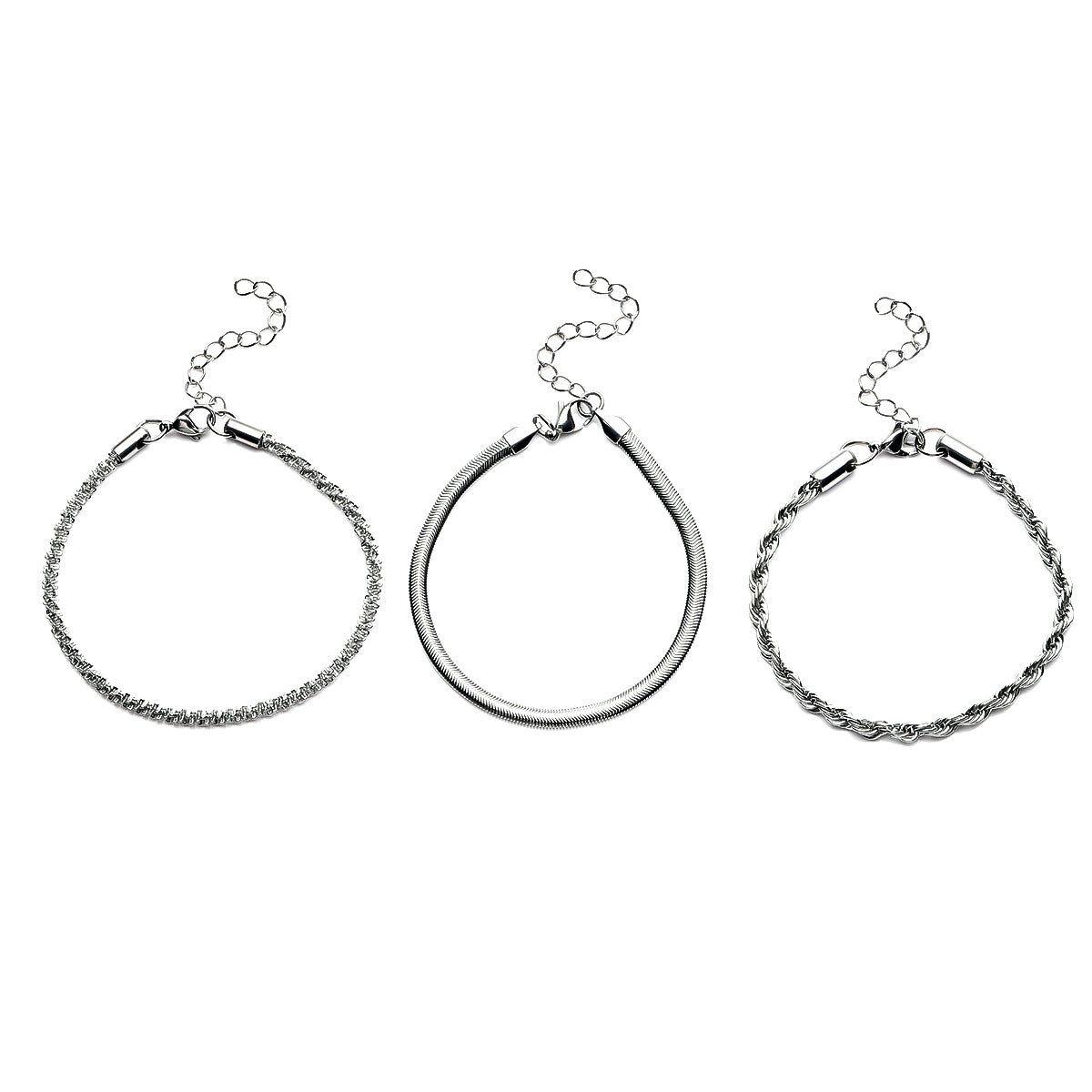 3er-Set Kordel, Franko und Panzer Stil Armbänder, ca. 19 cm, 316L Edelstahl