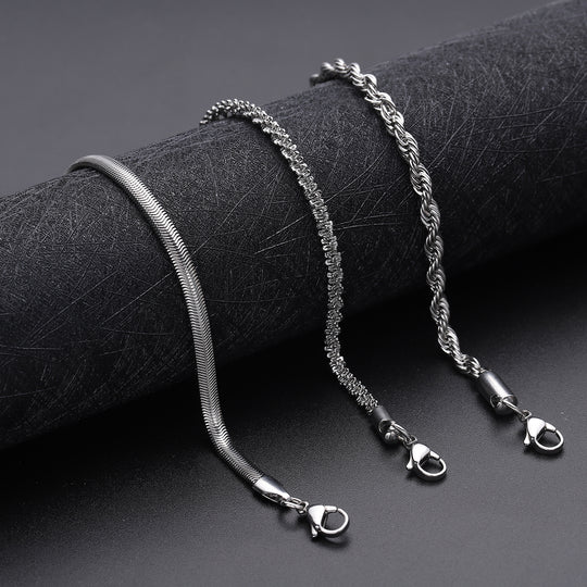 3er-Set Kordel, Franko und Panzer Stil Armbänder, ca. 19 cm, 316L Edelstahl