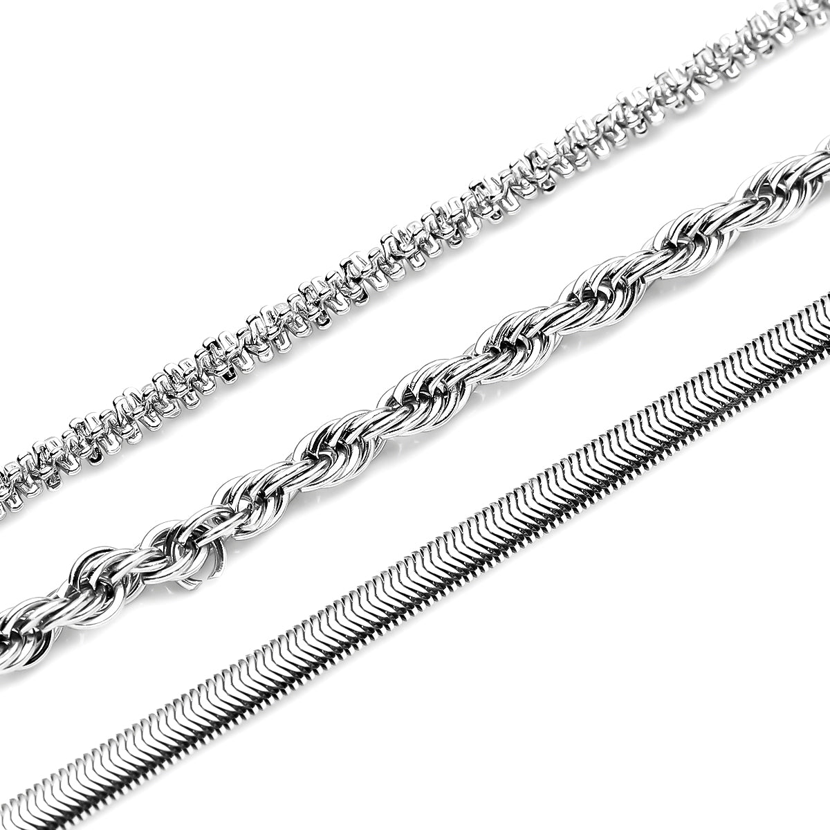 3er-Set Kordel, Franko und Panzer Stil Armbänder, ca. 19 cm, 316L Edelstahl