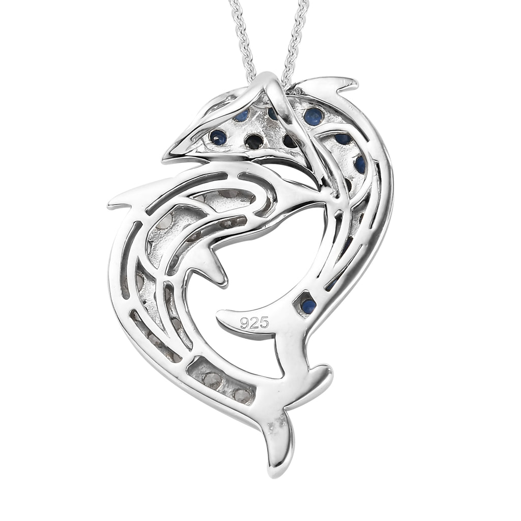 Blauer Saphir und Zirkon Anhänger mit Silberkette ca. 50 cm 925 Silber platiniert ca. 2,50 ct