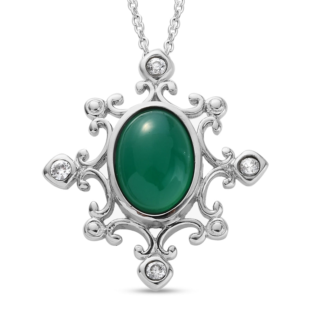 Grüner Onyx und Zirkon-Anhänger mit Kette, 50 cm, Edelstahl ca. 5,68 ct