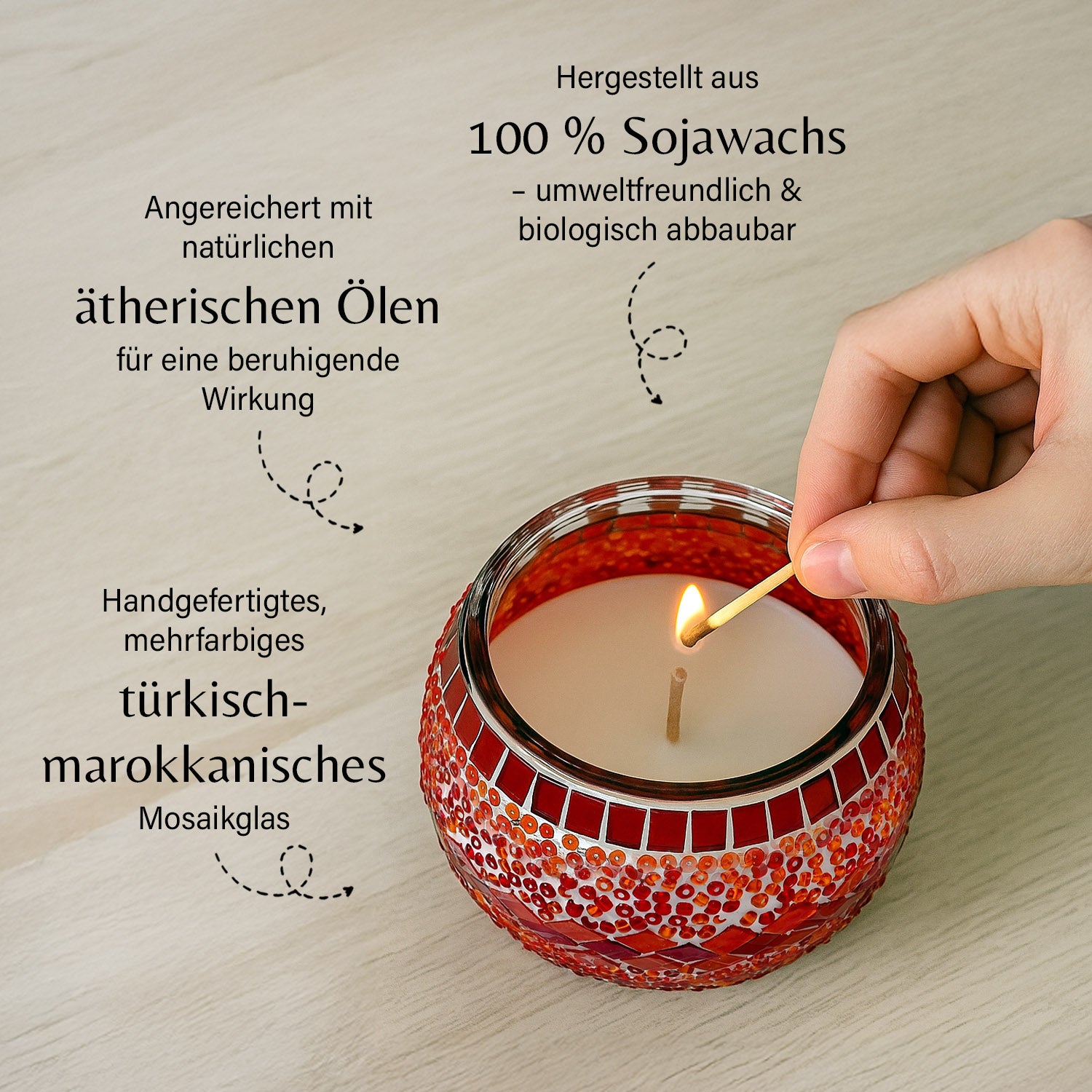 Handgefertigte Mosaikglas mit Sojawachs-Duftkerze 36 Std. Brenndauer 8ml natürliches Öl