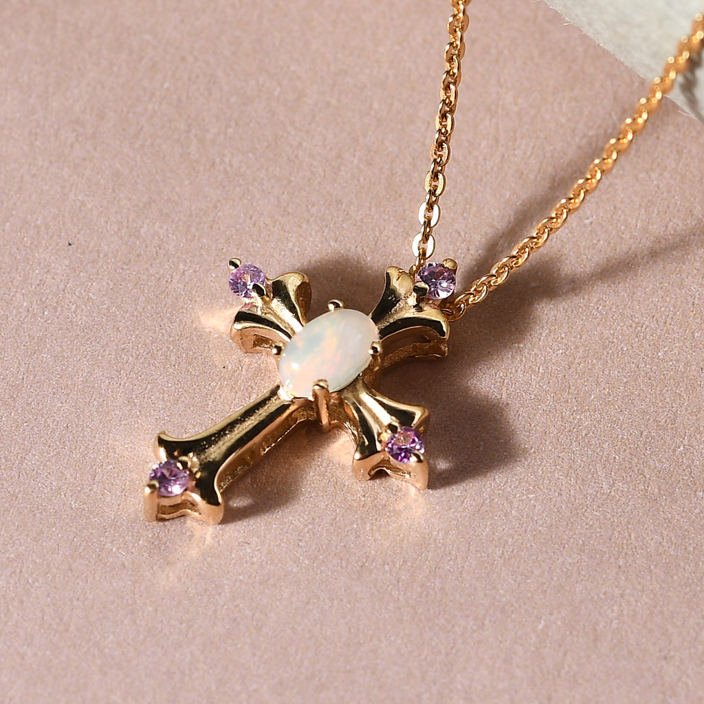 Natürlicher Äthiopischer Opal und Rosa Saphir Kreuz Anhänger mit Silberkette 50 cm 925 Silber vergoldet ca. 0,26 ct