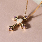 Natürlicher Äthiopischer Opal und Rosa Saphir Kreuz Anhänger mit Silberkette 50 cm 925 Silber vergoldet ca. 0,26 ct