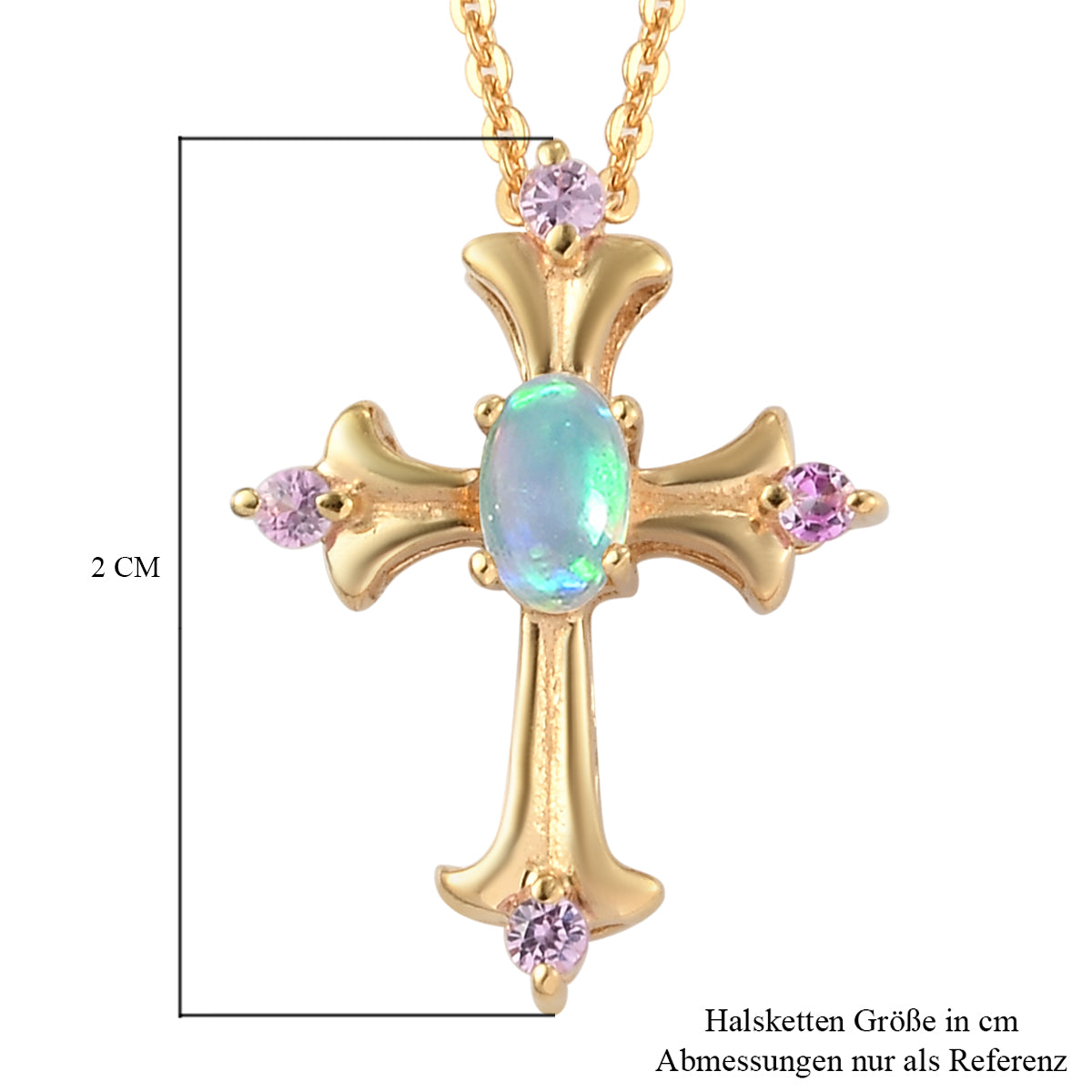 Natürlicher Äthiopischer Opal und Rosa Saphir Kreuz Anhänger mit Silberkette 50 cm 925 Silber vergoldet ca. 0,26 ct