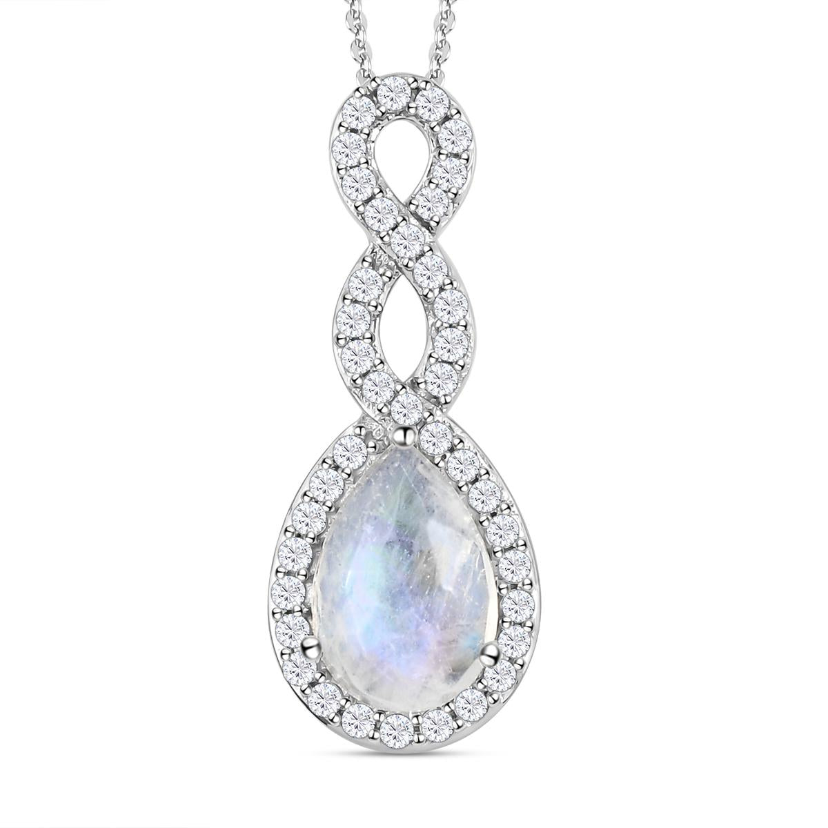 Premium Regenbogen Mondstein und weißer Zirkon-Anhänger mit Kette, 925 Silber platiniert ca. 4.36 ct