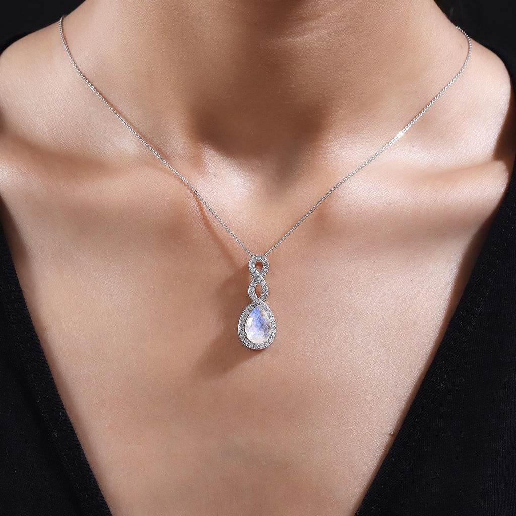 Premium Regenbogen Mondstein und weißer Zirkon-Anhänger mit Kette, 925 Silber platiniert ca. 4.36 ct