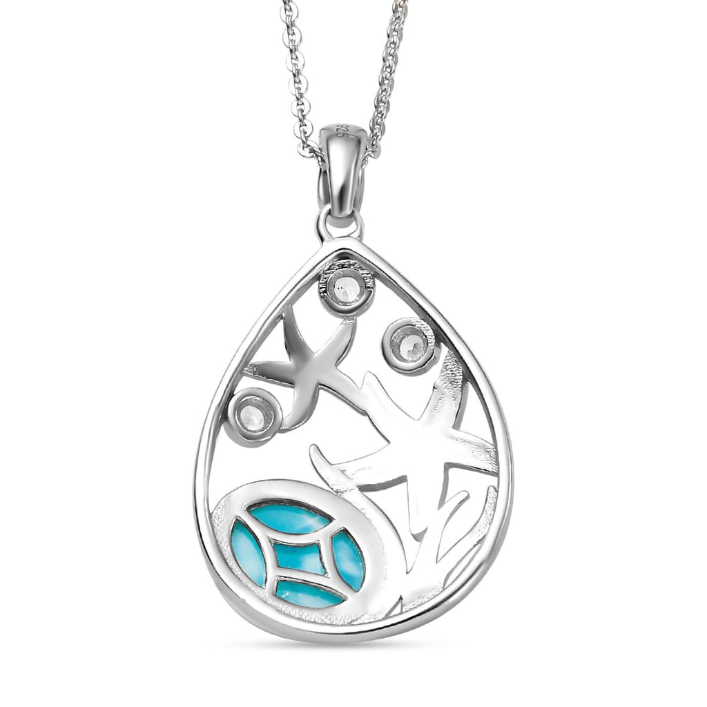 AA Larimar und weißer Zirkon-Anhänger mit Kette, 925 Silber platiniert ca. 2,28 ct