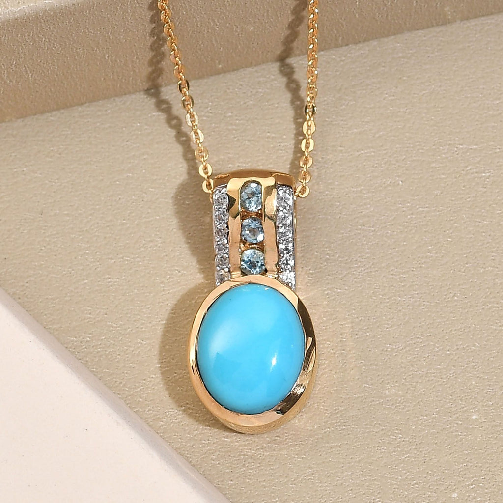 Amerikanischer, natürlicher Sleeping Beauty Türkis und schweizer Blautopas-Anhänger mit Kette, 925 Silber Gelbgold Vermeil ca. 3.42 ct