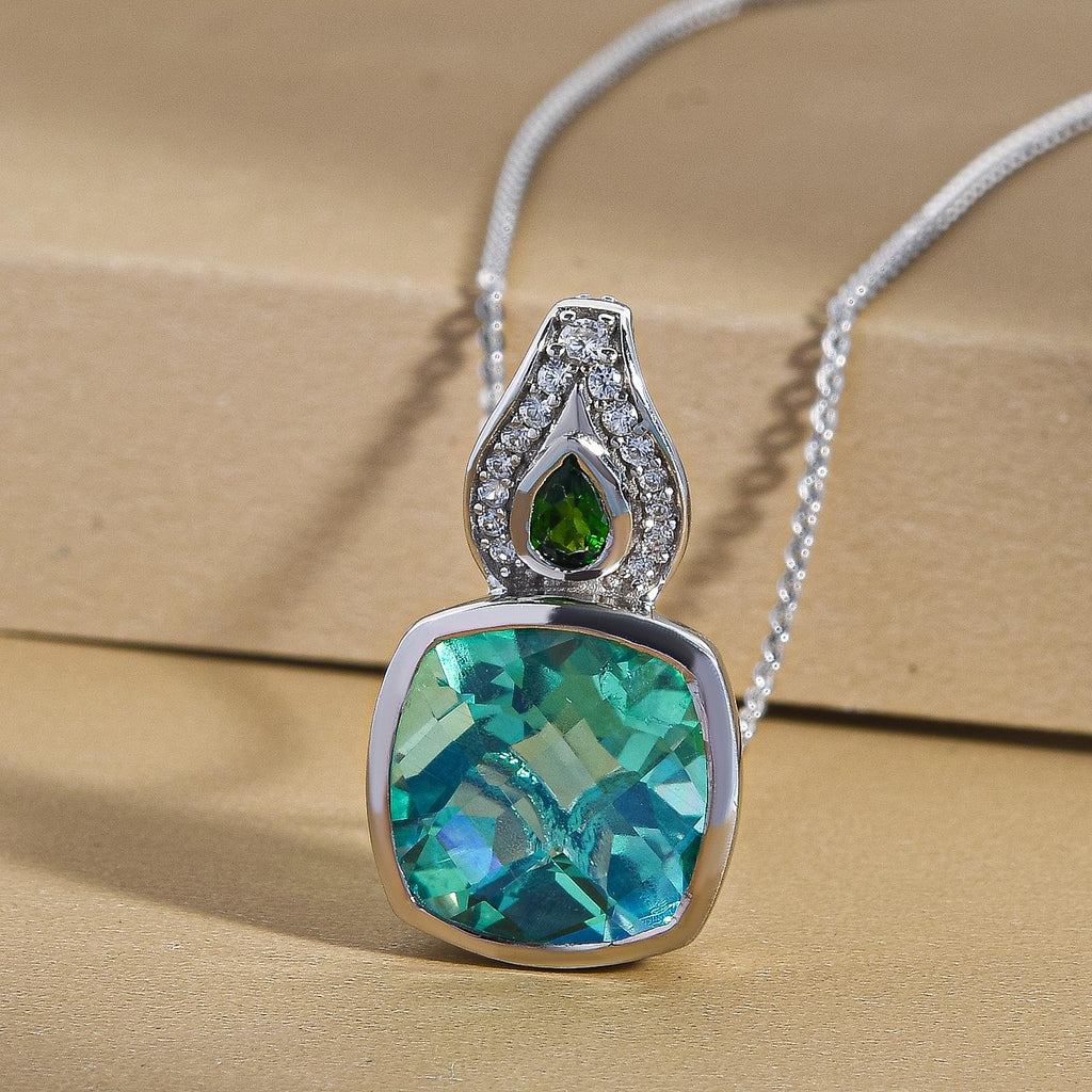 Pfau Triplett Quarz und natürlicher Chromdiopsid-Anhänger mit Kette, 925 Silber platiniert ca. 5,94 ct