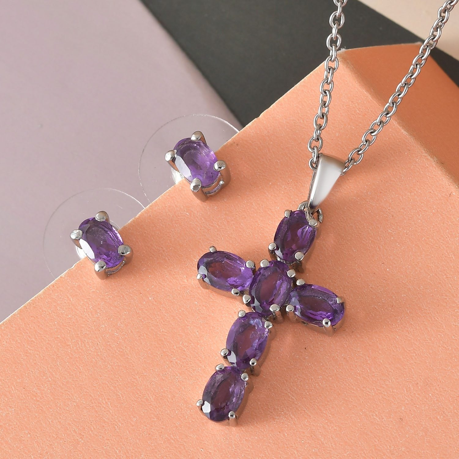 2er Set - Afrikanischer Amethyst Kreuz-Anhänger und Ohrringe, Edelstahl ca. 3.21 ct