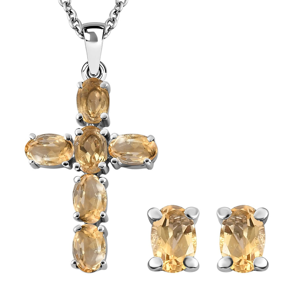 Citrin Kreuz-Anhänger und Ohrringe, Edelstahl ca. 3,76 ct