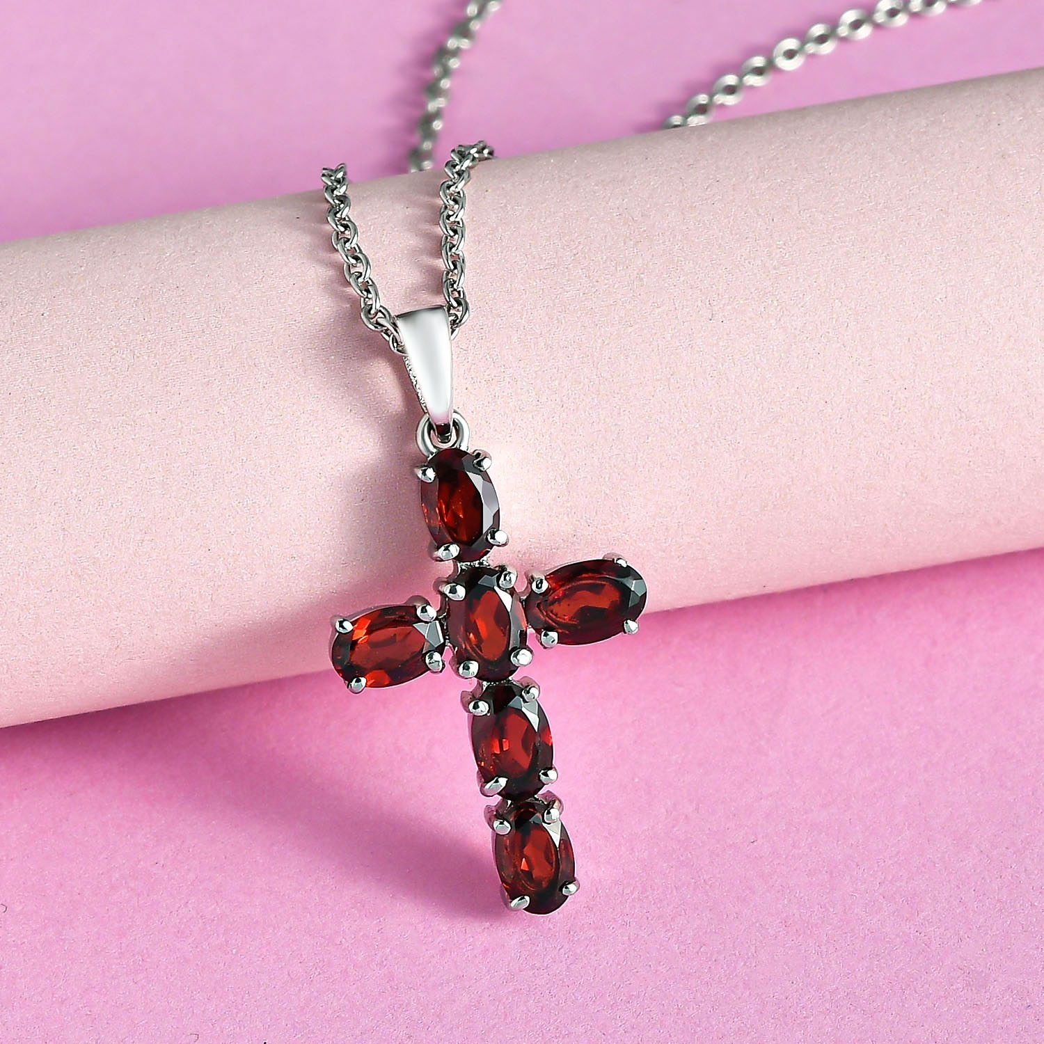 Roter Granat Kreuz-Anhänger, Edelstahl ca. 3.36 ct