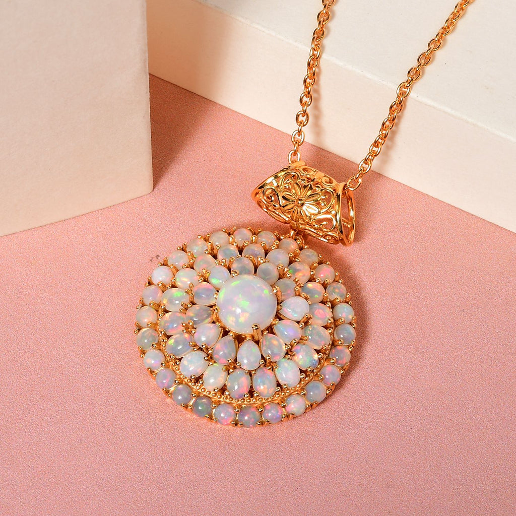 Natürlicher, äthiopischer Opal-Anhänger mit Kette, 925 Silber vergoldet ca. 6.69 ct