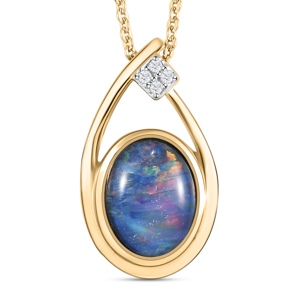Boulder Opal Triplette und weißer Zirkon-Anhänger mit Kette, 925 Silber vergoldet ca. 1.42 ct