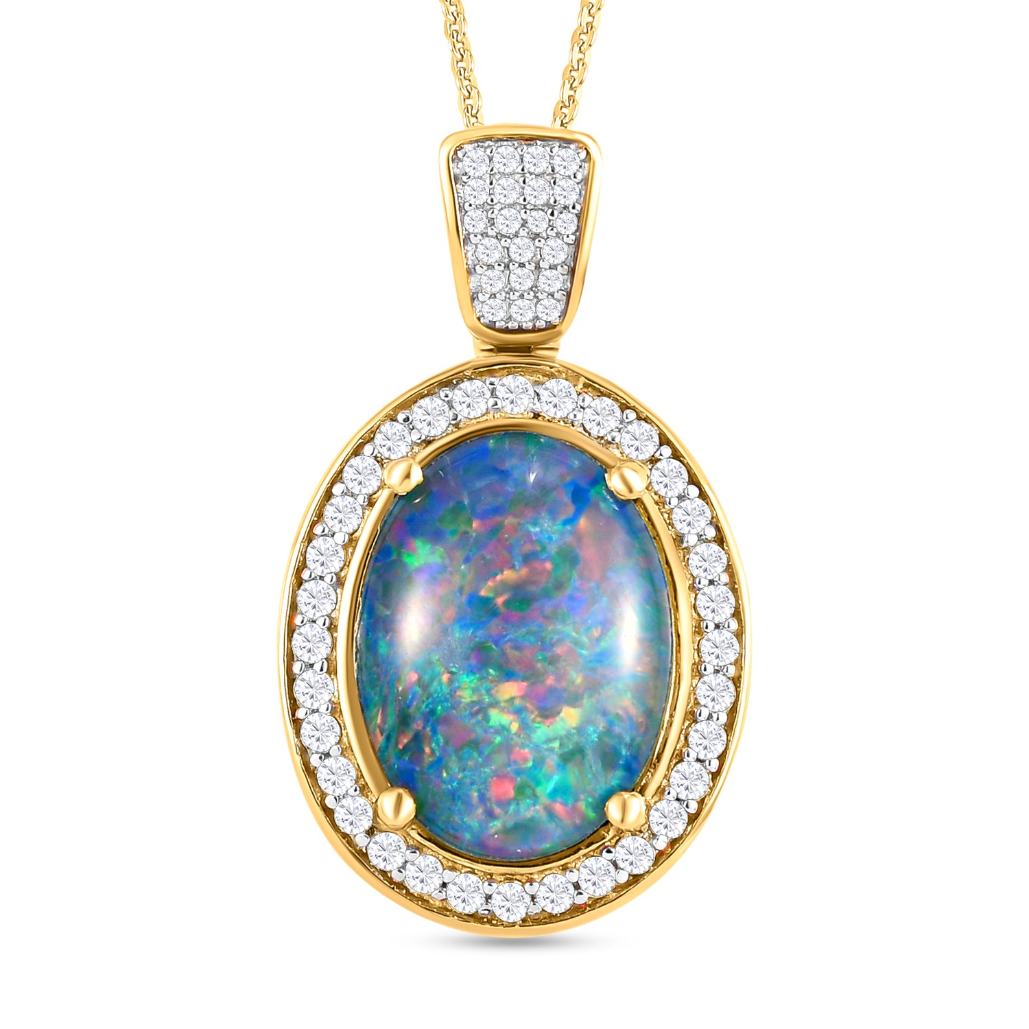 Boulder Opal Triplett und weißer Zirkon-Anhänger mit Kette, 925 Silber vergoldet ca. 5.80 ct