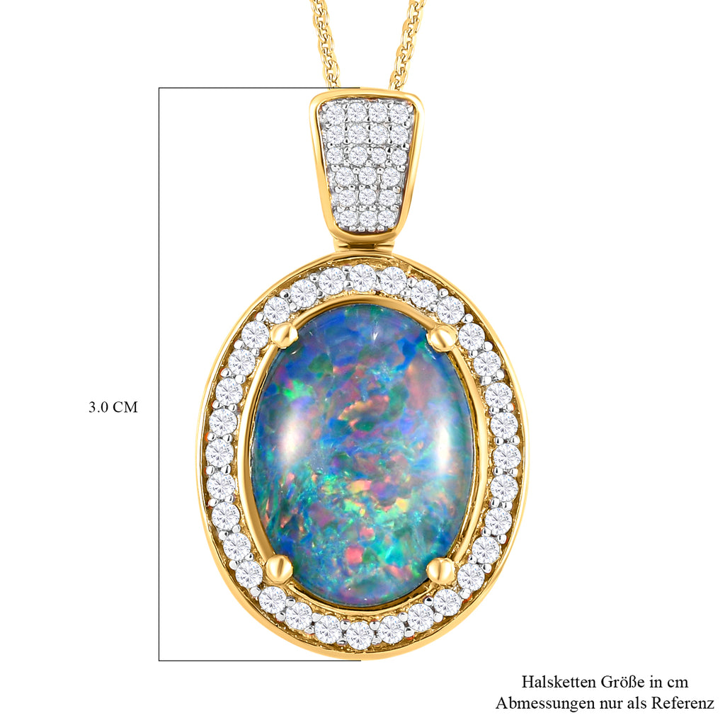 Boulder Opal Triplett und weißer Zirkon-Anhänger mit Kette, 925 Silber vergoldet ca. 5.80 ct