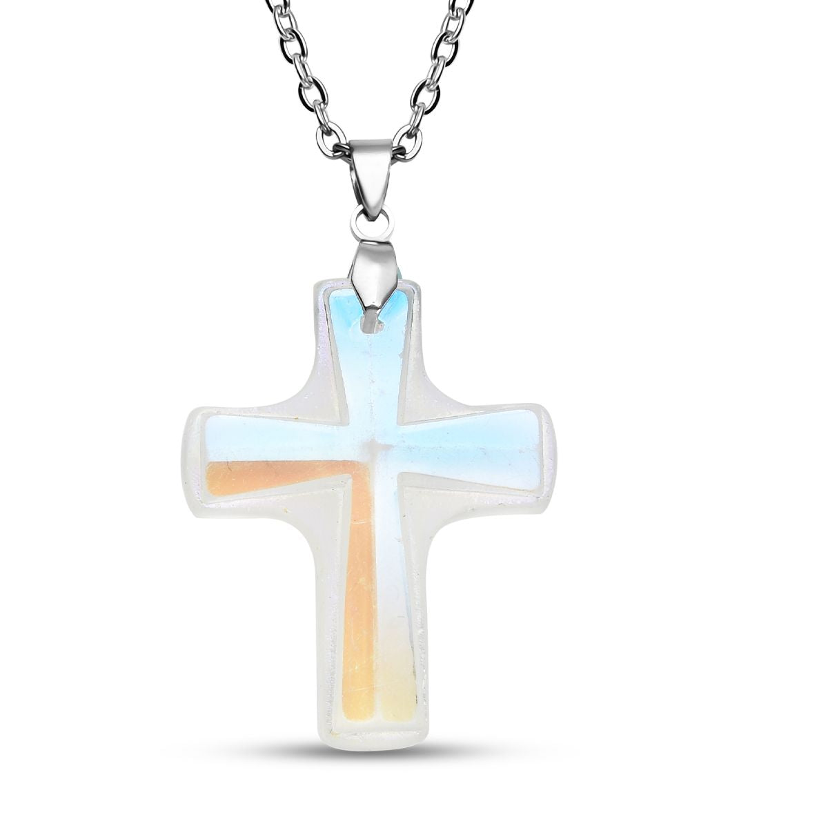 Weißer Kristall Kreuz-Anhänger mit Kette, reiner Edelstahl
