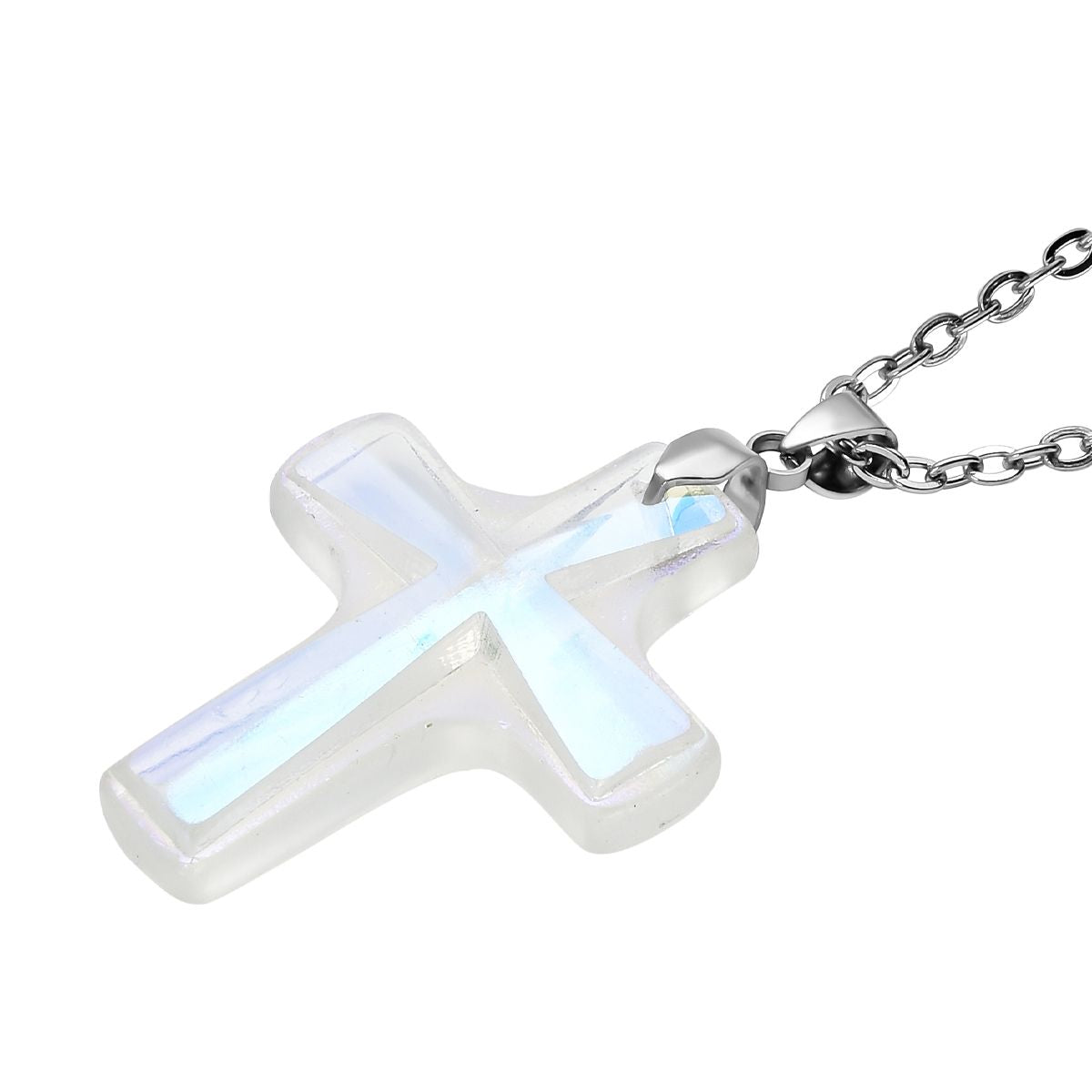 Weißer Kristall Kreuz-Anhänger mit Kette, reiner Edelstahl