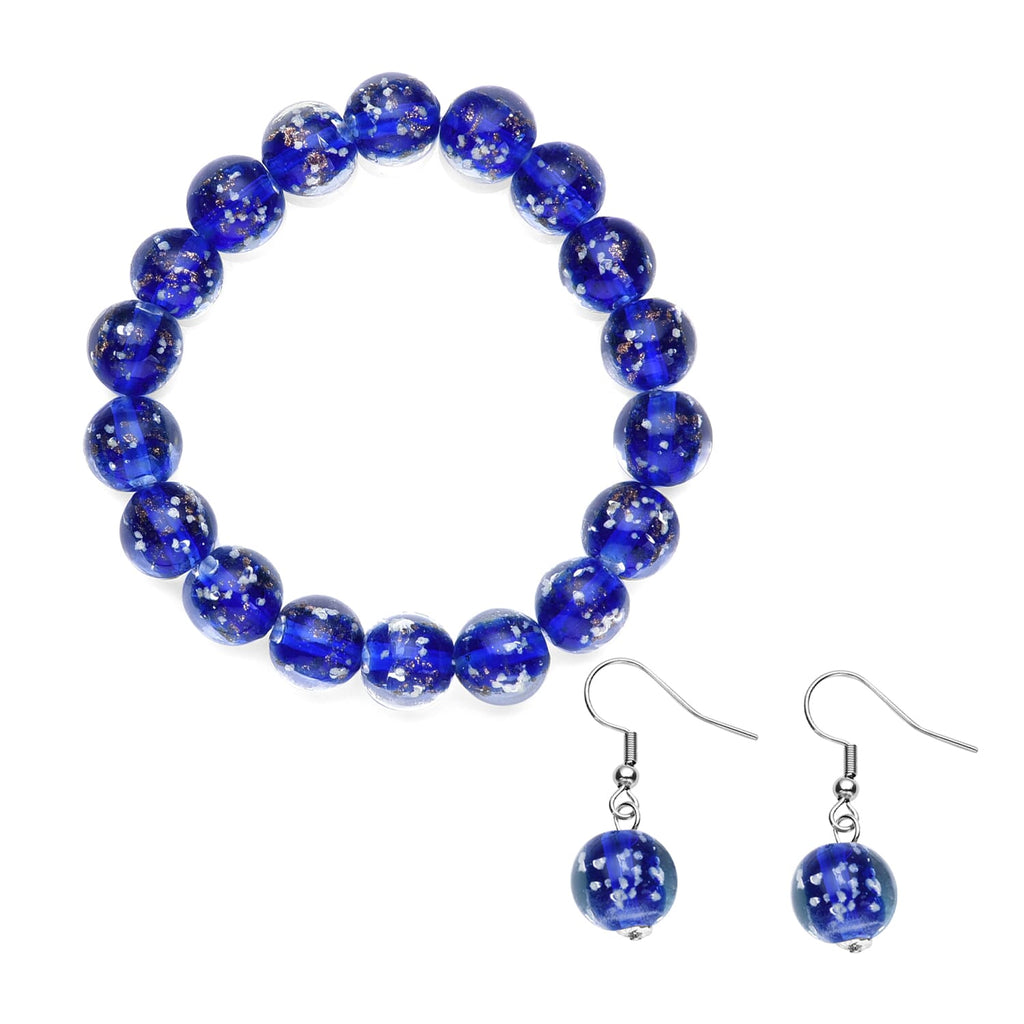 2er Set - Murano-Glasperlen Design, flexibles Armband und Ohrringe, Reiner Edelstahl, Blau