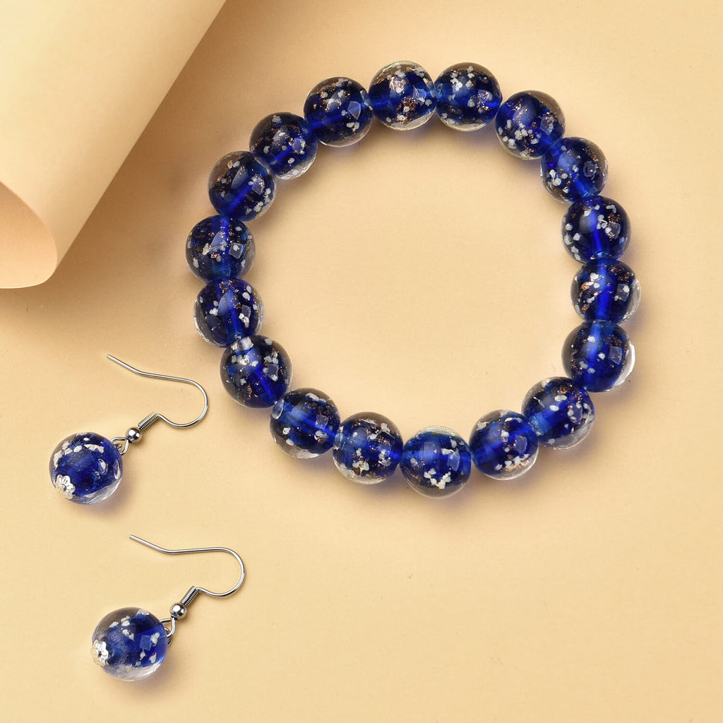 2er Set - Murano-Glasperlen Design, flexibles Armband und Ohrringe, Reiner Edelstahl, Blau