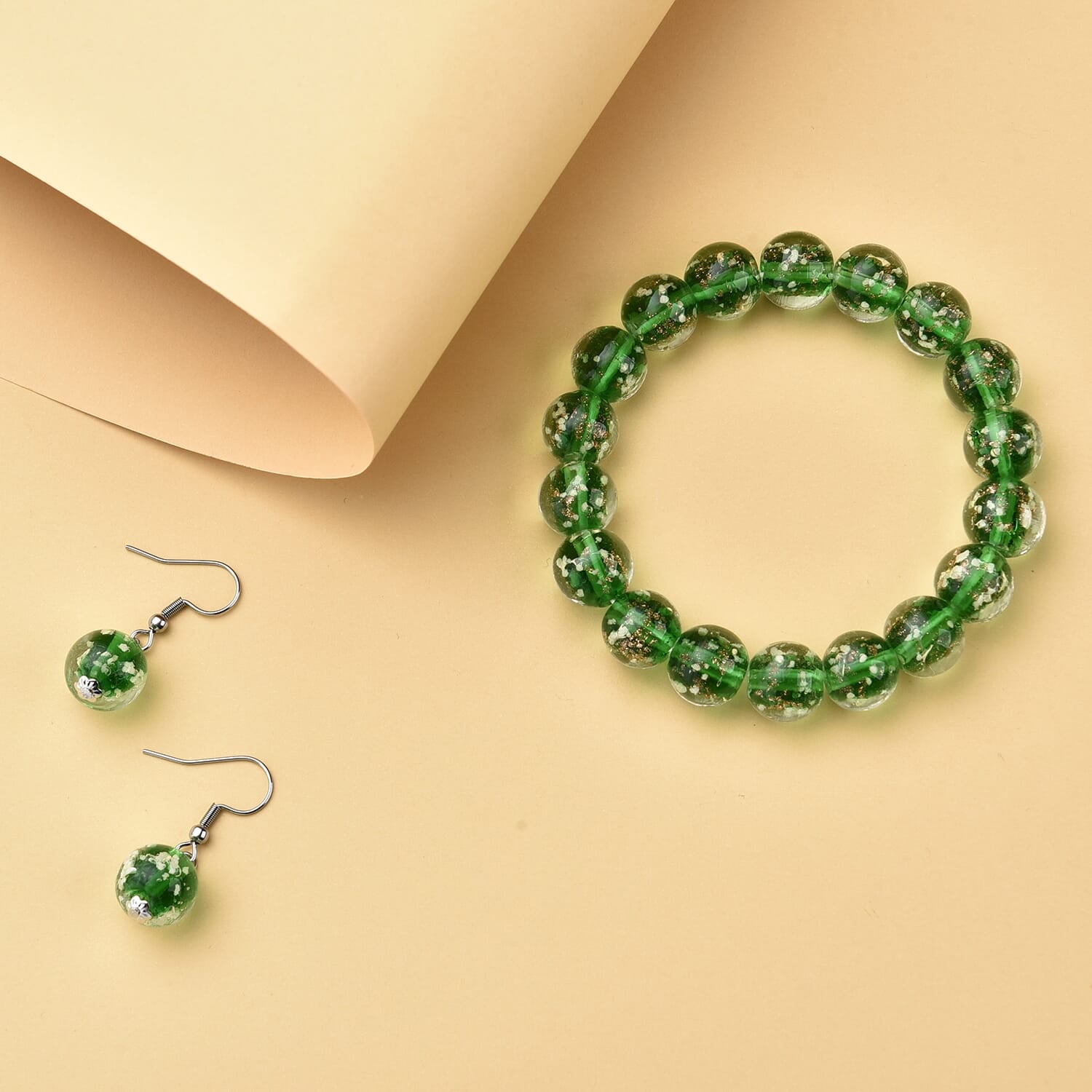 2er Set - Murano-Glasperlen Design, flexibles Armband und Ohrringe, Reiner Edelstahl, Grün
