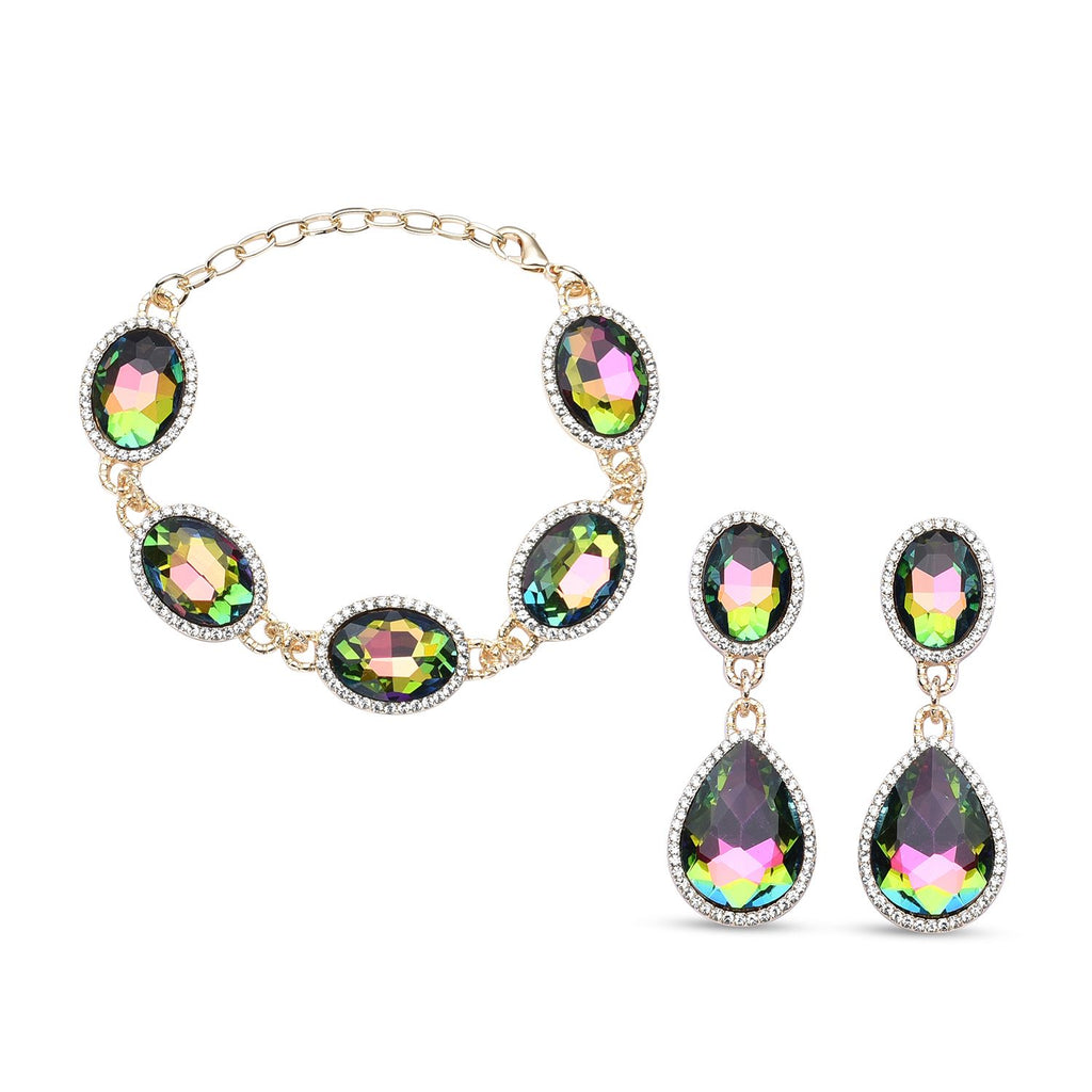 Grünes Glaskristall Armband und Ohringe, goldfarben