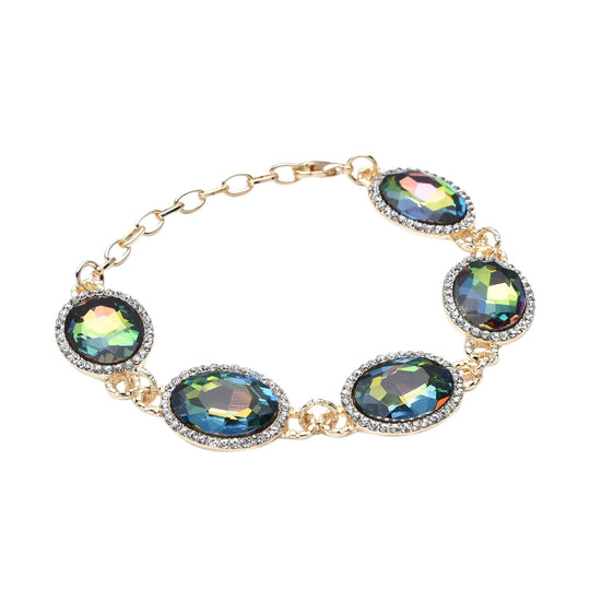 Grünes Glaskristall Armband und Ohringe, goldfarben