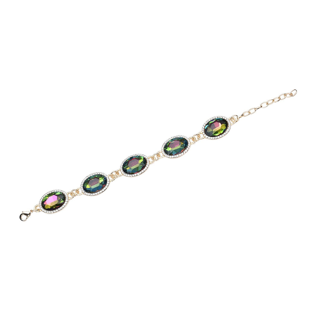 Grünes Glaskristall Armband und Ohringe, goldfarben