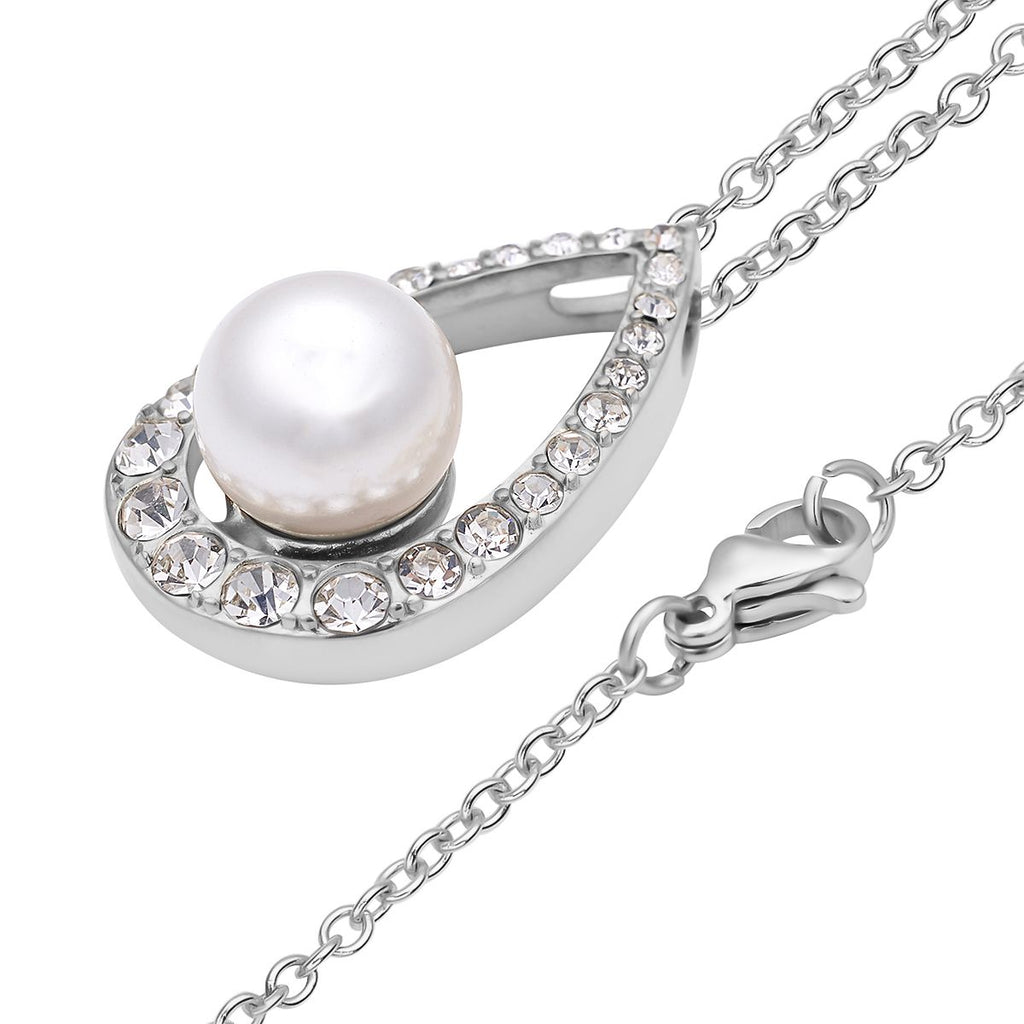 Weißer Muschelkernperlen und Kristall-Anhänger mit Kette, reiner Edelstahl