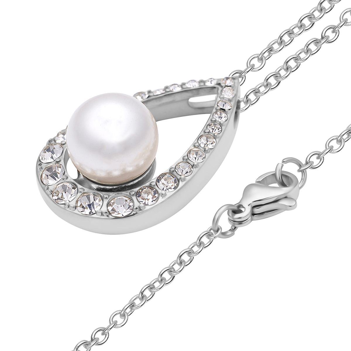 Weißer Muschelkernperlen und Kristall-Anhänger mit Kette, reiner Edelstahl