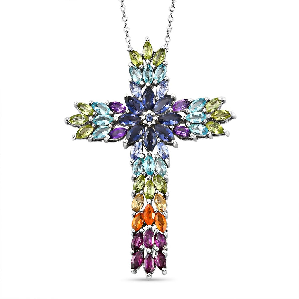 Mehrfarbiger Edelstein Kreuz-Anhänger mit Kette, 925 Silber platiniert ca. 7.89 ct