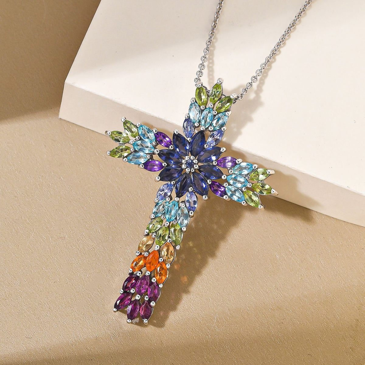 Mehrfarbiger Edelstein Kreuz-Anhänger mit Kette, 925 Silber platiniert ca. 7.89 ct