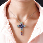 Mehrfarbiger Edelstein Kreuz-Anhänger mit Kette, 925 Silber platiniert ca. 7.89 ct