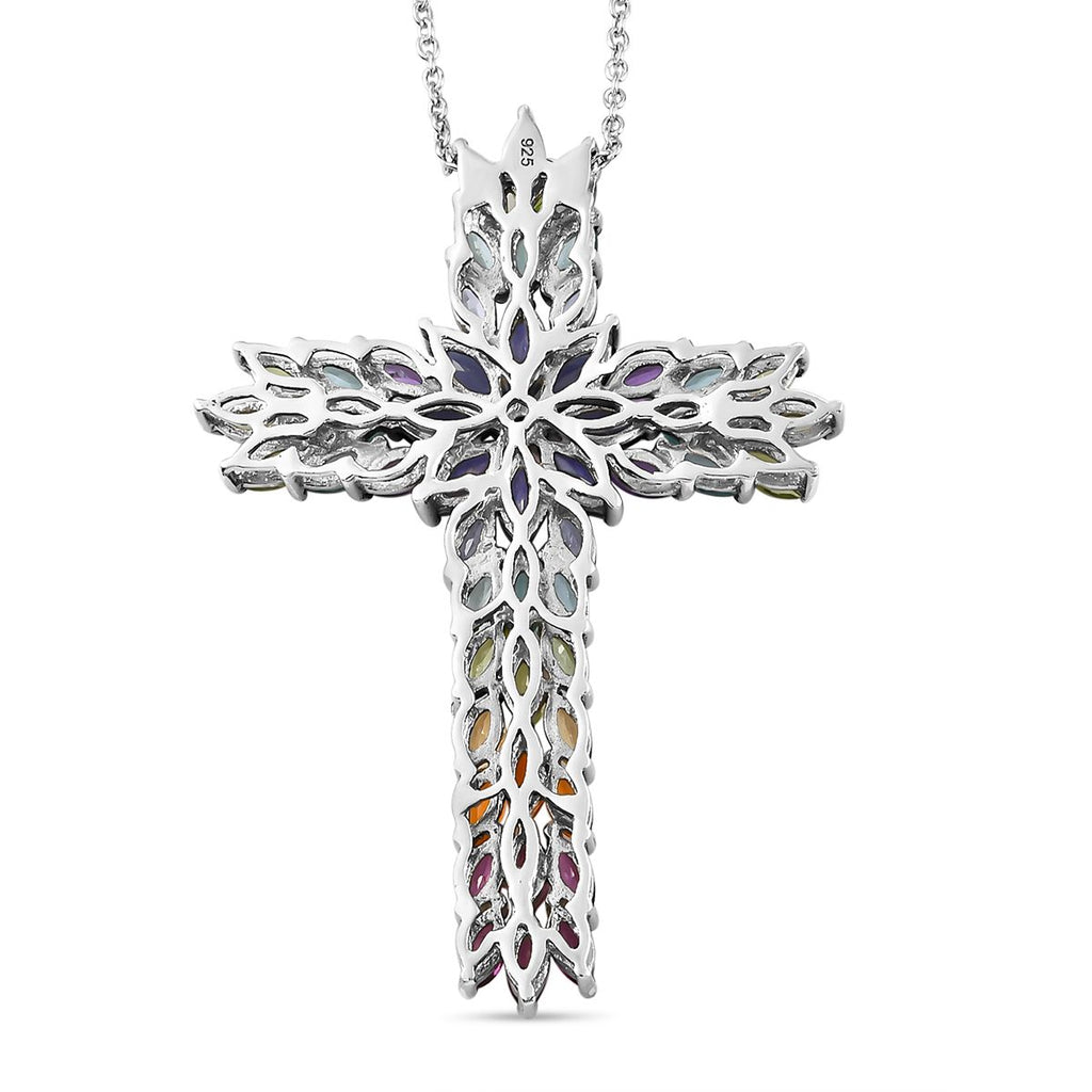 Mehrfarbiger Edelstein Kreuz-Anhänger mit Kette, 925 Silber platiniert ca. 7.89 ct