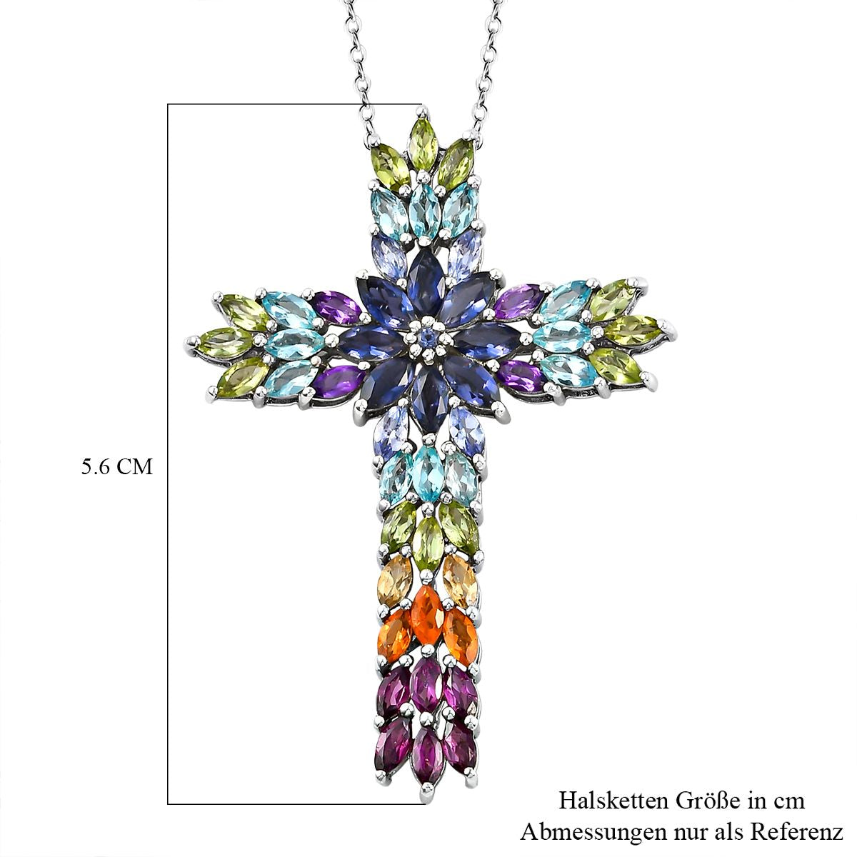 Mehrfarbiger Edelstein Kreuz-Anhänger mit Kette, 925 Silber platiniert ca. 7.89 ct