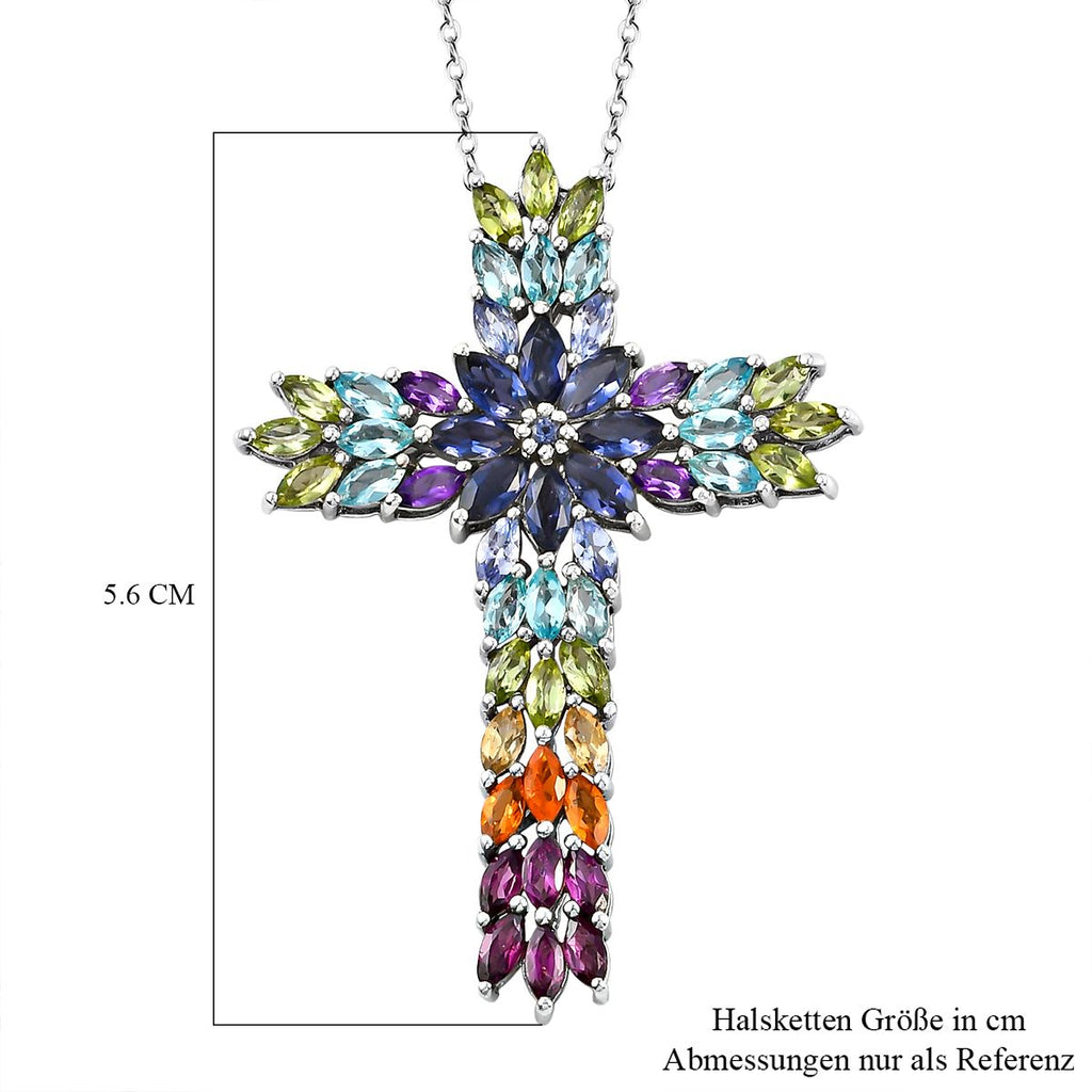Mehrfarbiger Edelstein Kreuz-Anhänger mit Kette, 925 Silber platiniert ca. 7.89 ct