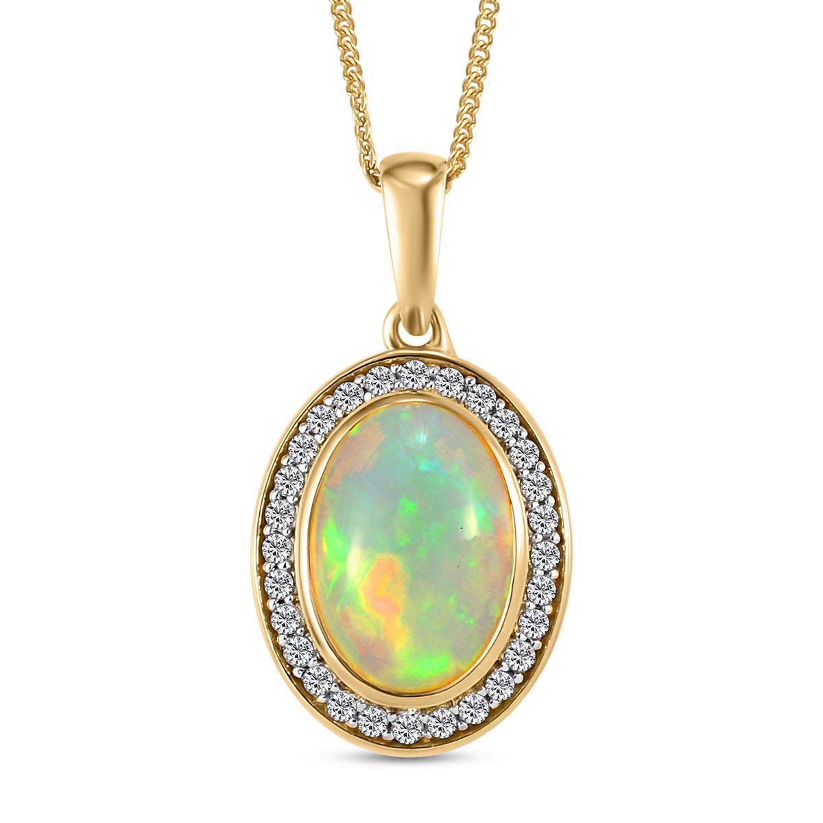 Natürlicher, äthiopischer Welo Opal und weißer Zirkon-Anhänger mit Kette, 925 Silber vergoldet ca. 3,71 ct
