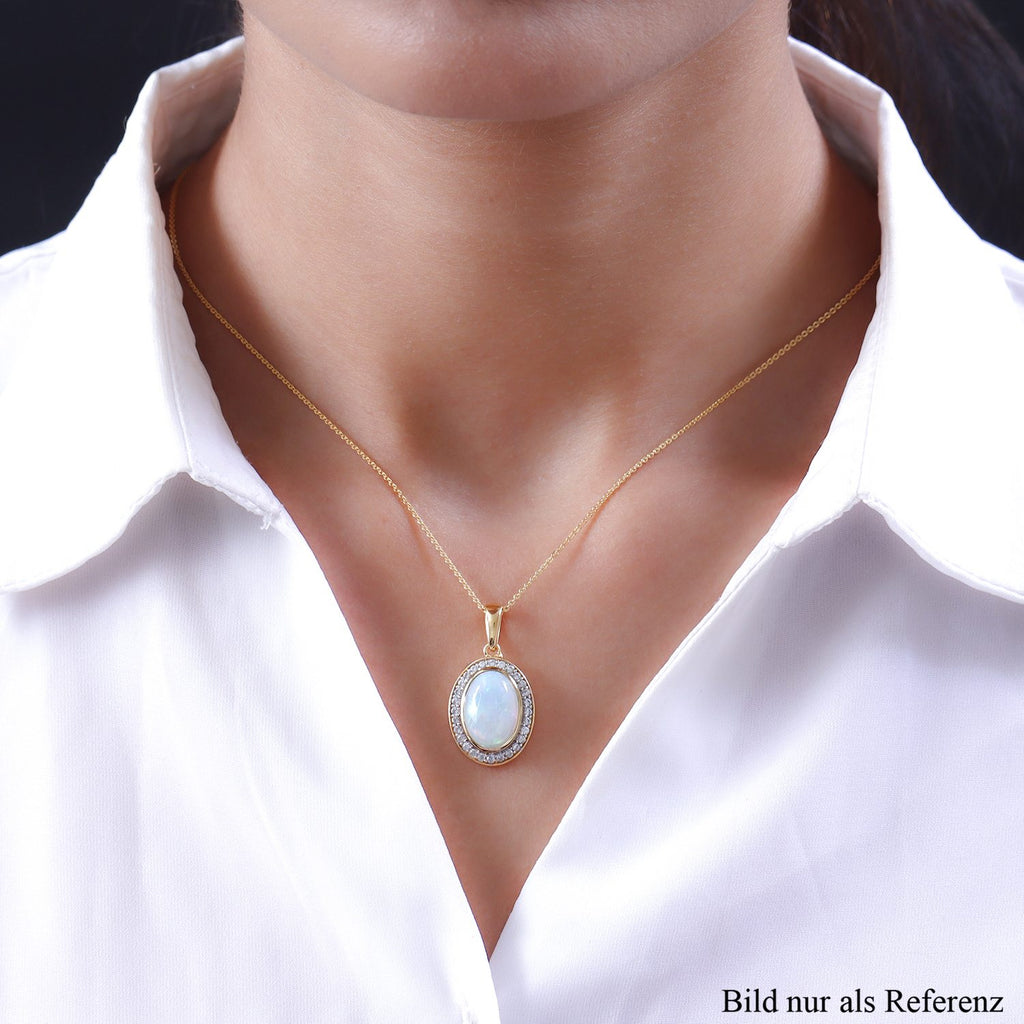Natürlicher, äthiopischer Welo Opal und weißer Zirkon-Anhänger mit Kette, 925 Silber vergoldet ca. 3,71 ct