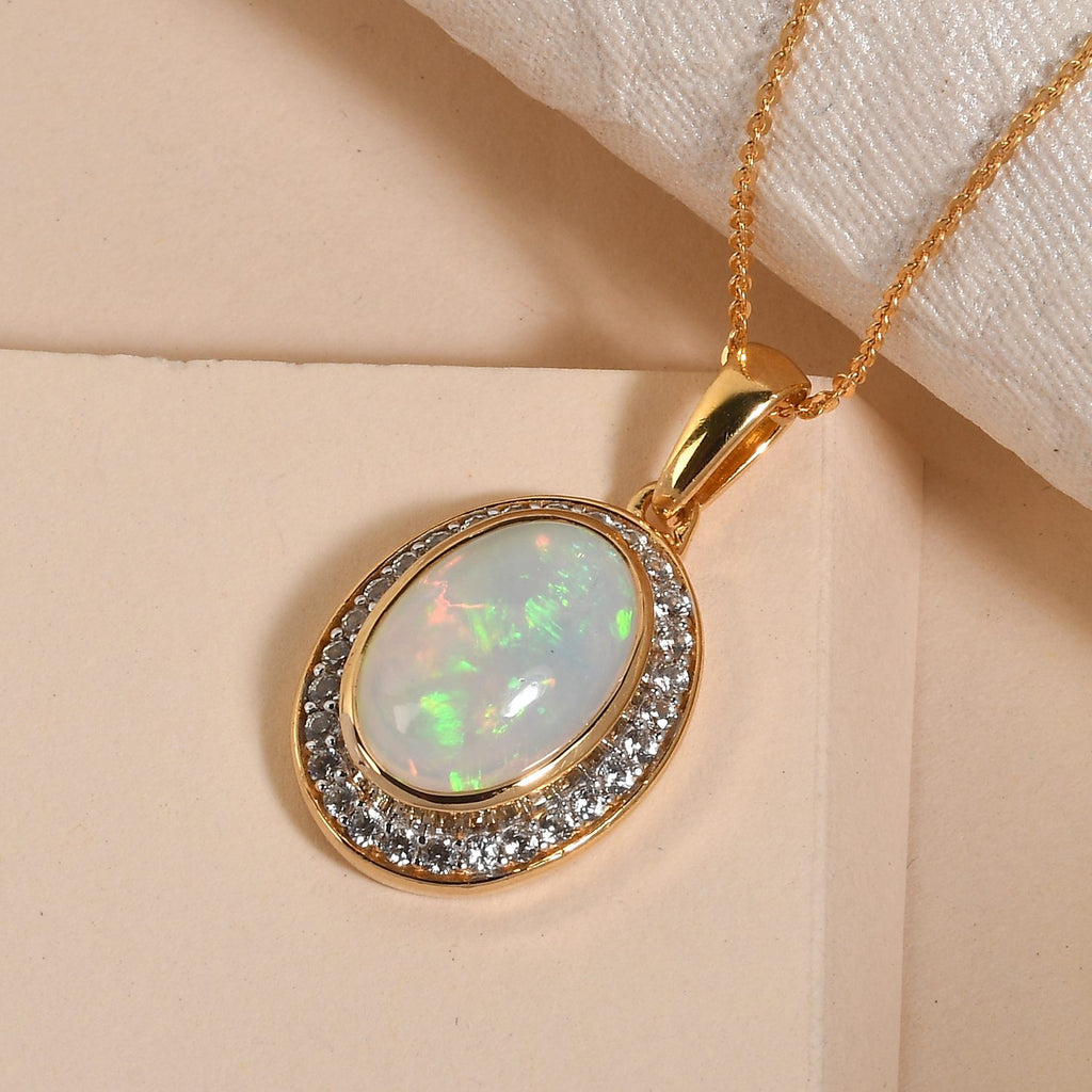 Natürlicher, äthiopischer Welo Opal und weißer Zirkon-Anhänger mit Kette, 925 Silber vergoldet ca. 3,71 ct