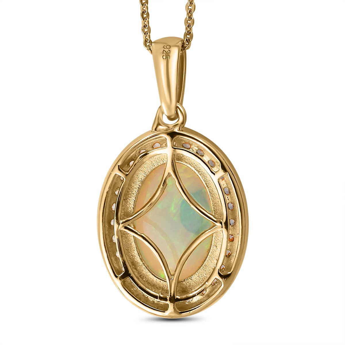 Natürlicher, äthiopischer Welo Opal und weißer Zirkon-Anhänger mit Kette, 925 Silber vergoldet ca. 3,71 ct