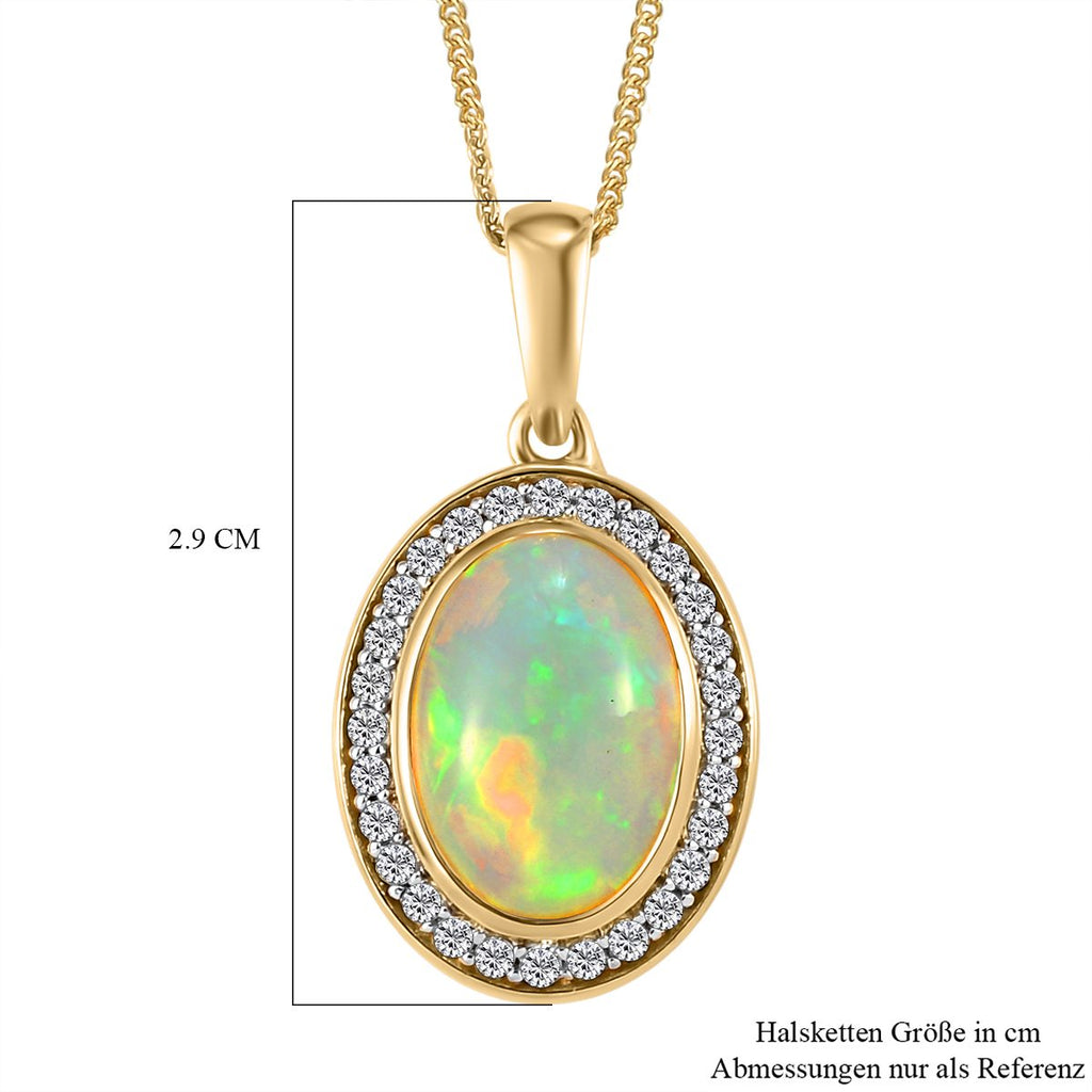 Natürlicher, äthiopischer Welo Opal und weißer Zirkon-Anhänger mit Kette, 925 Silber vergoldet ca. 3,71 ct